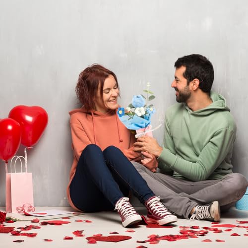Chordobe Häkelblumenstrauß als Geschenk: Handgefertigter gestrickter Tulpenstrauß für Geburtstag, Hochzeit, Festival, Valentinstag, Abschlussfeier, Heimdekoration (blau)