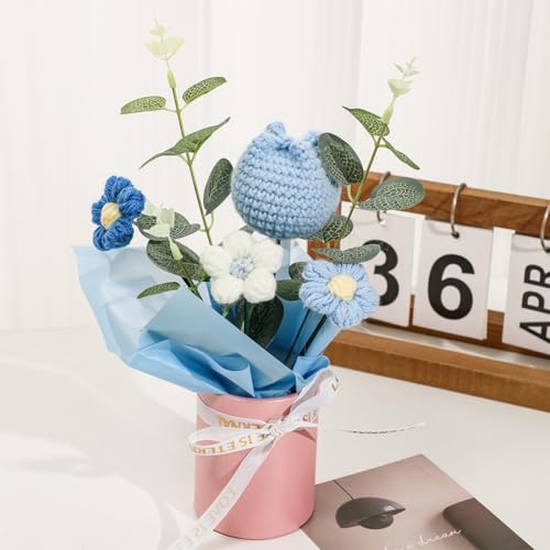 Chordobe Häkelblumenstrauß als Geschenk: Handgefertigter gestrickter Tulpenstrauß für Geburtstag, Hochzeit, Festival, Valentinstag, Abschlussfeier, Heimdekoration (blau)