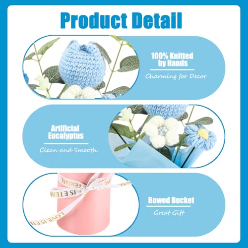 Chordobe Häkelblumenstrauß als Geschenk: Handgefertigter gestrickter Tulpenstrauß für Geburtstag, Hochzeit, Festival, Valentinstag, Abschlussfeier, Heimdekoration (blau)