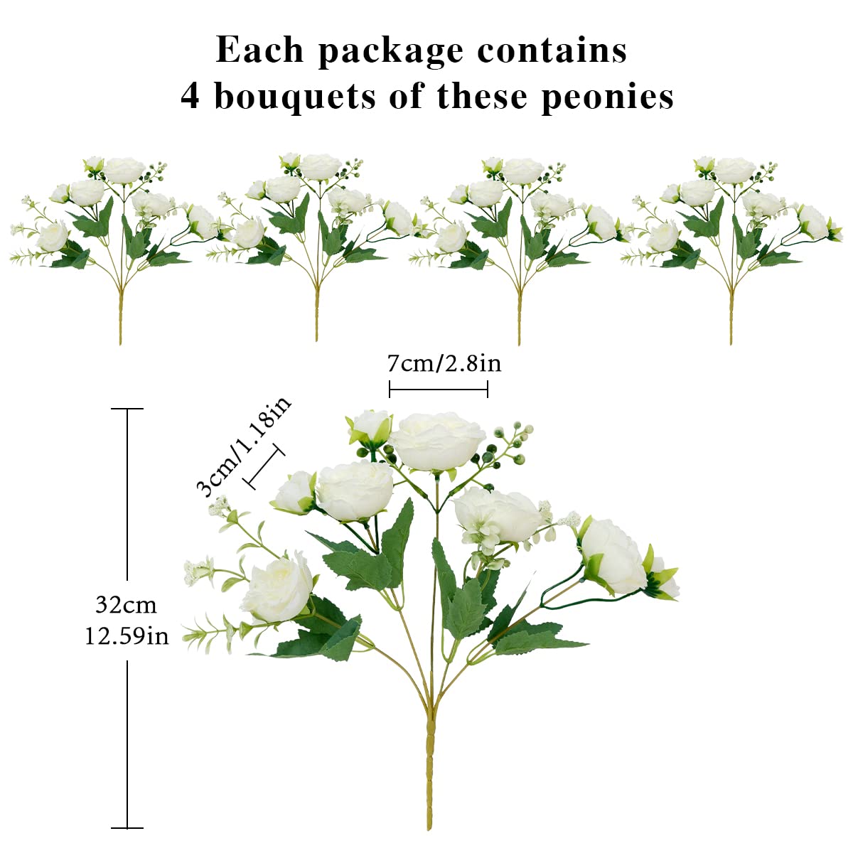 JUSTOYOU 4 Bündel Künstliche Pfingstrose mit 20 Köpfen Blumen Gefälschte Pfingstrosen Seidenblumensträuße für Hochzeit Zuhause Tischparty Fensterdekoration (Weiss)