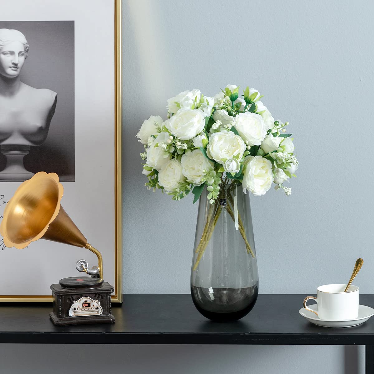 JUSTOYOU 4 Bündel Künstliche Pfingstrose mit 20 Köpfen Blumen Gefälschte Pfingstrosen Seidenblumensträuße für Hochzeit Zuhause Tischparty Fensterdekoration (Weiss)