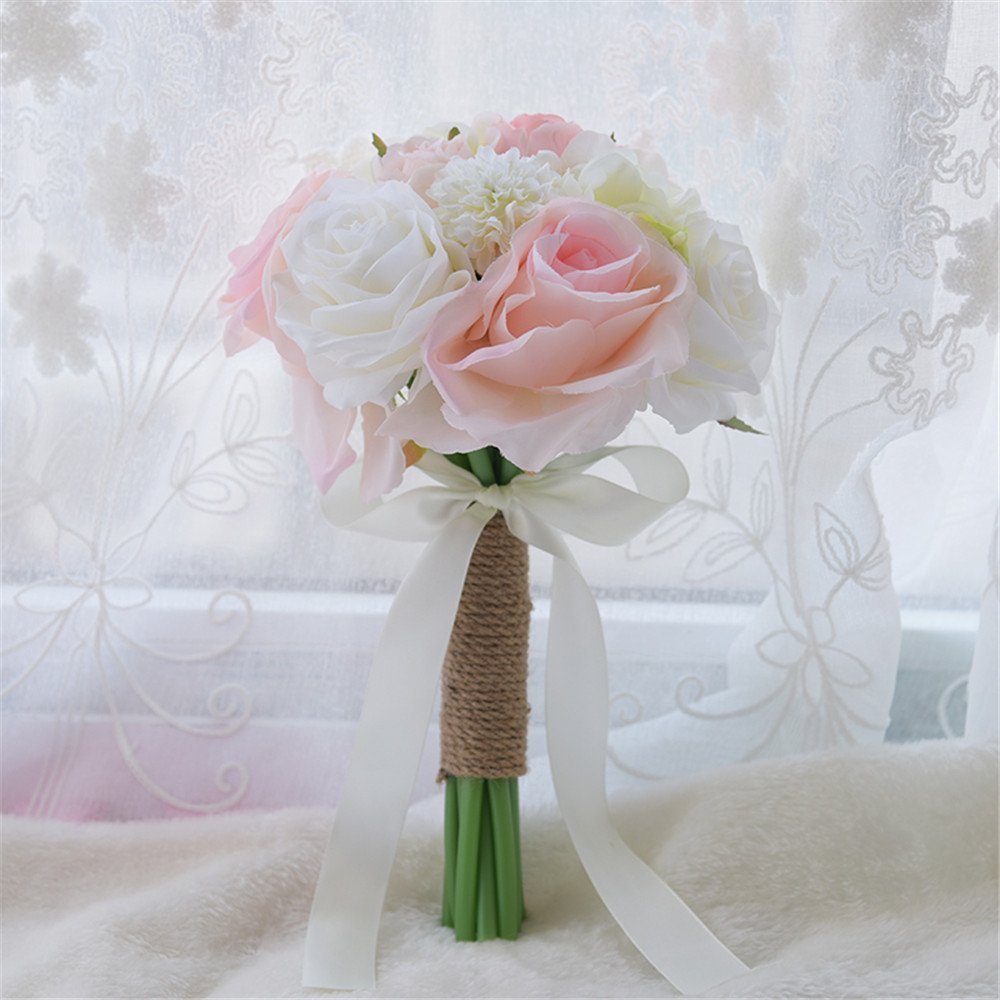 Fouriding Brautstrauß Braut Brautjungfer Brautjungfern Blumensträusse Hochzeit Strauß Künstliche Blumenstrauß künstlicher Rosenstrauß Bouquet Deko (Rosa Weiß)