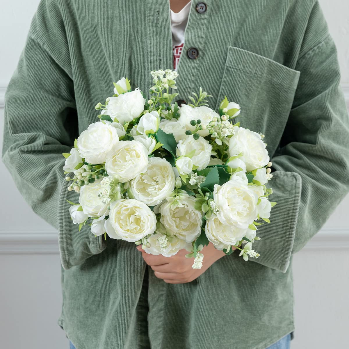 JUSTOYOU 4 Bündel Künstliche Pfingstrose mit 20 Köpfen Blumen Gefälschte Pfingstrosen Seidenblumensträuße für Hochzeit Zuhause Tischparty Fensterdekoration (Weiss)
