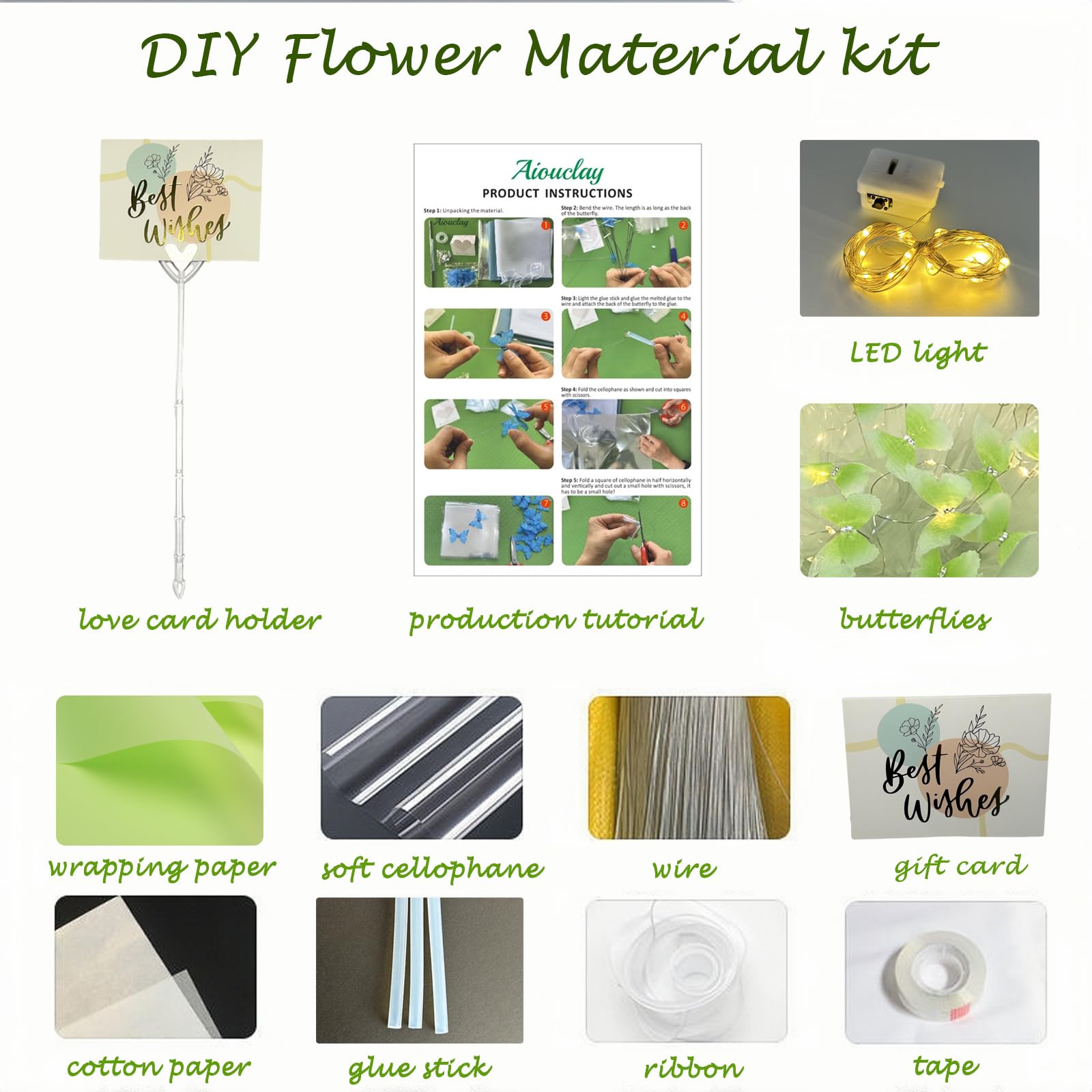 Aiouclay Künstliche Blumen, Frühlingsstrauß, 33 Schmetterlinge mit Lichtern, handgefertigt, künstlicher Blumenstrauß, Bastelset, Geschenk für Mutter, Lehrer, Frau und Männer